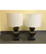 PAIR of Large Gray or DARK BRONZE COLOR Lamps with LEATHER Base and WHIT... - £110.61 GBP