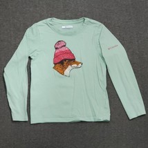 Columbia Fox Wearing Beanie T-shirt Girls Size XS Long Sleeve Green Kids Winter - £7.27 GBP