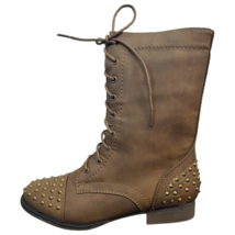 Rouge Combat Cowboy Boots Round Toe Brown Studded Leather Lace Up Womens... - £14.13 GBP