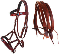 Horse Brown Leather Beaded Bitless Padded Sidepull Bridle w/ Reins 77RS17 - $58.99