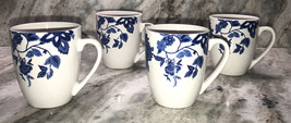 Set of 4 Royal Norfolk Blue Floral Stoneware Mugs Coffee/Tea Cup 12oz-NE... - $49.38