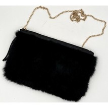 vieta clutch handbag faux black rabbit fur with gold chain and leather t... - $234.04 MXN