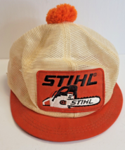 Vtg Stihl Trucker Hat Snapback Hat Short Bill Puff Ball Orange USA K-Products - £79.12 GBP