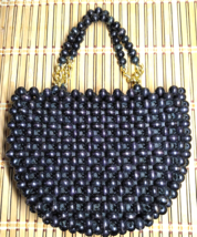 Jana Wood Black/Brown Bead  SM  7.5&quot; x 5.5&quot; Handbag Made in Japan Dress Purse - £25.22 GBP
