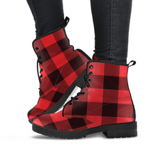 Combat Boots - Black &amp; Red Plaid Boots | Red Boots, Handmade Lace Up Boo... - £70.74 GBP