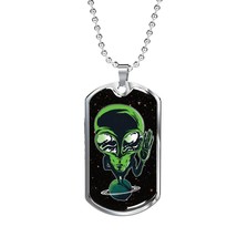 Alien UFO Fan Alien On Planet Necklace Stainless Steel or 18k Gold Dog Tag 24&quot;  - £37.31 GBP+