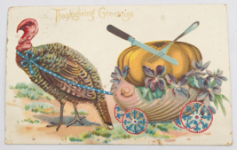 Vintage 1910 Thanksgiving Greetings w/ Wild Turkey Pulling Pumpkin Cart Postcard - £9.70 GBP