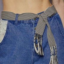 Boho White Black Stripe Tie Belt with Fringe - $332.91 MXN