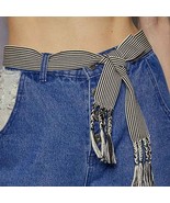 Boho White Black Stripe Tie Belt with Fringe - $327.29 MXN