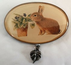 Marjolein Bastin Oval Rabbit Bunny Pin Brooch Leaf Charm Signed 1999 M Bastin - £13.84 GBP