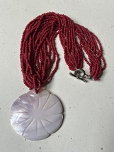 Multistrand Dark Red Tiny Glass Bead w Larved Carved White Seashell Flower Penda - £15.52 GBP