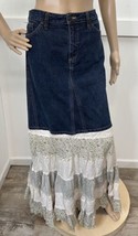 Vintage Faded Glory Denim Maxi Skirt 10 Tiered Cotton Mixed Media Ditsy Floral - £39.95 GBP