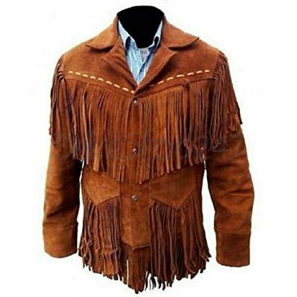 Men's Brown Color Handmade Western Fringed Style Genuine Suede Leather Jacket