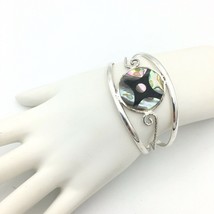 ABALONE shell inlay vintage open cuff bracelet - silver-tone filigree Me... - £10.02 GBP