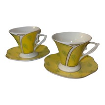 2 set Demitasse Espresso Cup Saucer Mug Yellow Gold Peacock Feather Italy Style - £17.88 GBP