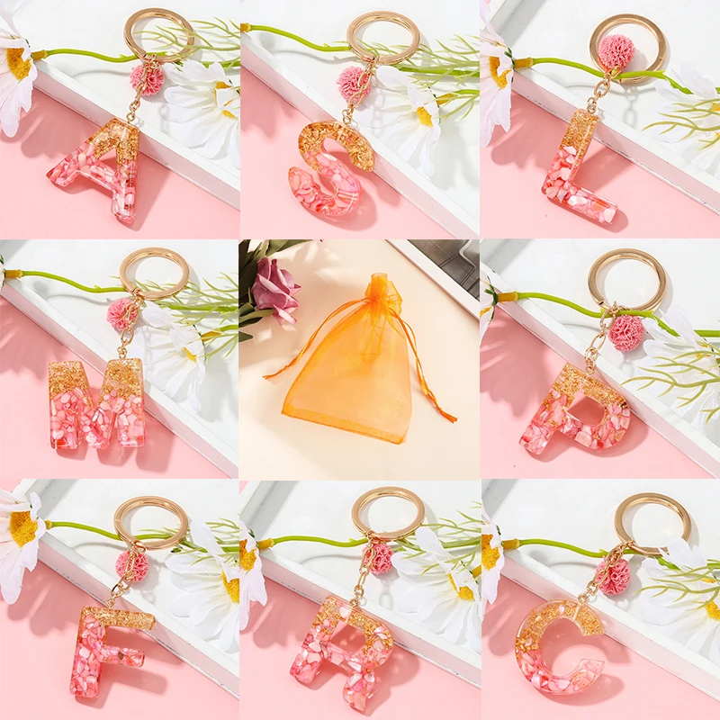 Sporting 1Pc Pink Pompom Letter Keychain English Alphabet Keyring Glitter Gradie - £18.47 GBP