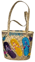 Bahamas Handwoven Straw Tote Bag Purse Floral Flip Flops Beads Lined Cruise Vtg - £16.36 GBP