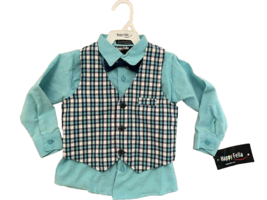 new HAPPY FELLA sz 4T Blue Button Up Shirt With Plaid Vest and Bowtie 3 ... - £14.68 GBP