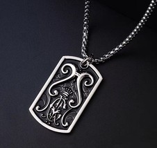 Mens Vintage Gothic Punk Dog Tag Pendant Necklace Stainless Steel Box Chain 24&quot; - £9.27 GBP
