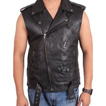 Leather Jacket Vest Biker Motorcycle Vintage Men Coat Mens Retro Moto Bl... - £26.94 GBP+