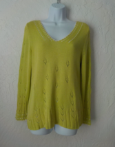 Sigrid Olsen Green Silk Knit V-Neck Sweater Crochet n Ribbon Accent Wome... - £14.00 GBP