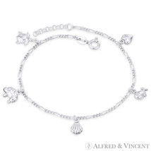 Turtle Elephant Clam Whale Heart Charm Figaro Chain .925 Sterling Silver Anklet - £27.74 GBP