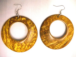 Large Yellow Brown Color Coconut Wood Dangling Round Hoop Fashion Earrings - £4.81 GBP