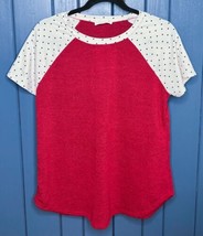Perfect Peach Brand Red Terry Ribbed Heart Print Sleeves Raglan Shirt Si... - $14.85