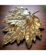 Vintage Napier Gold Tone Leaf Brooch with Pearl Accent – Textured - $24.75