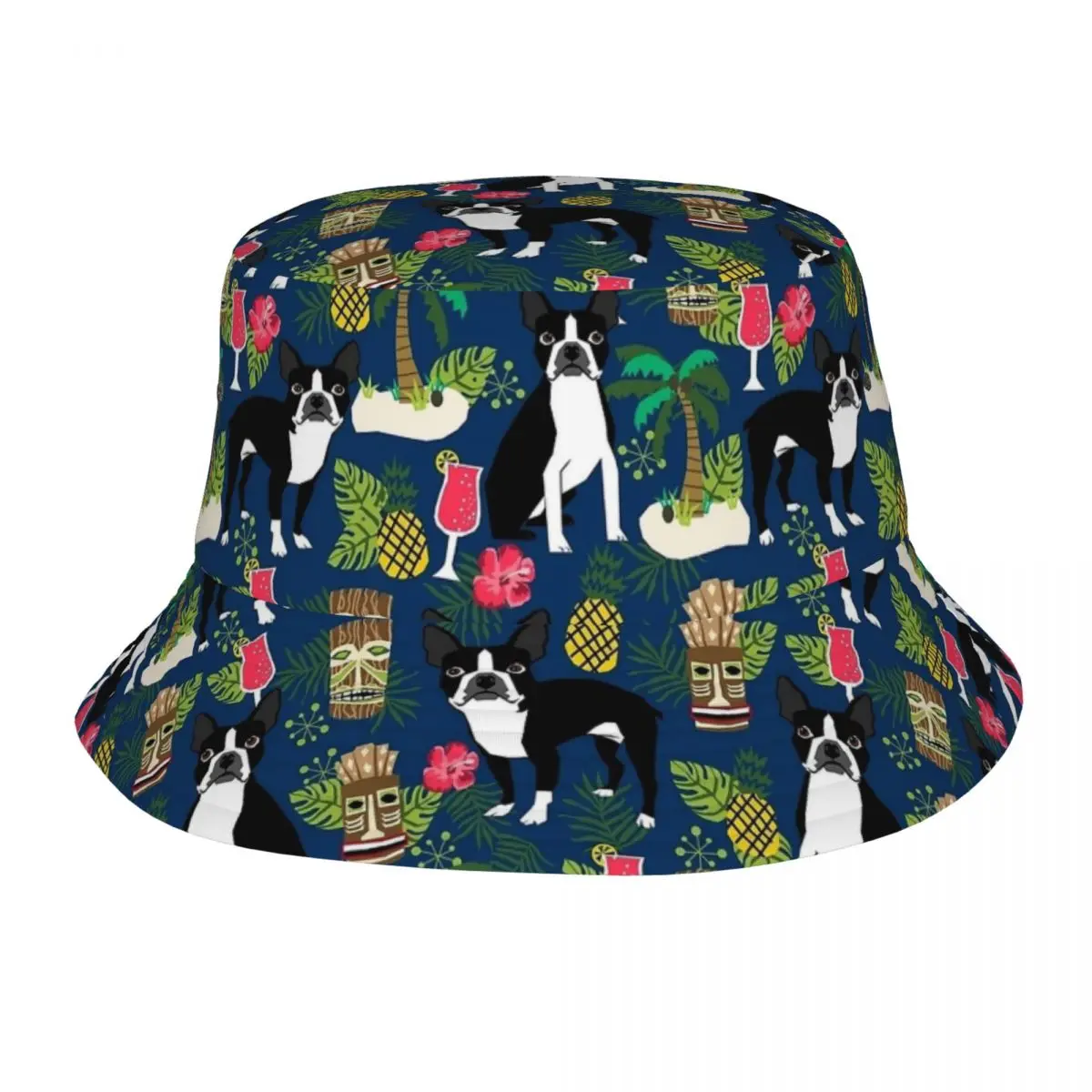 Boston Terrier Dog Tiki Bucket Hat Summer Travel Headwear Merch Tropical... - $15.93