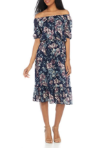New Adrianna Papell Navy Blue Pink Floral Of Shoulder Midi Dress Size 14 $149 - £62.33 GBP