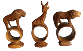 VTG 3 Hand Carved Wood Napkin Rings African Safari Animal 2 Lions Gazelle - £11.06 GBP