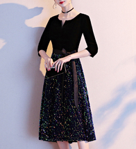 Black Half Sleeve Velvet Midi Dress Womens Custom Plus Size Cocktail Dress image 3