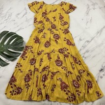Old Navy Womens Midi Dress Size L Yellow Red Floral Ruffle Trim Tiered Crinkle - £19.77 GBP