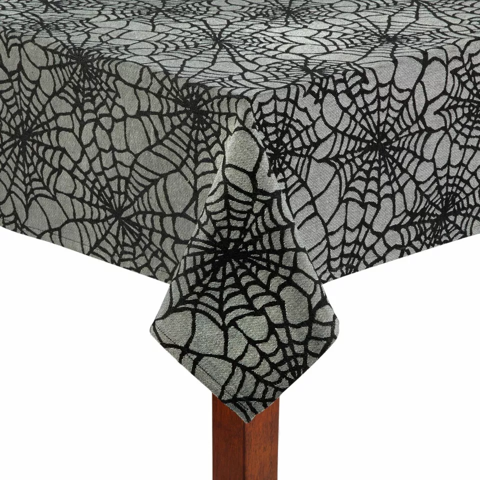 52 x 70 in Halloween Tablecloth Black Spider Web on Grey Woven Fabric Rectangle - £42.76 GBP