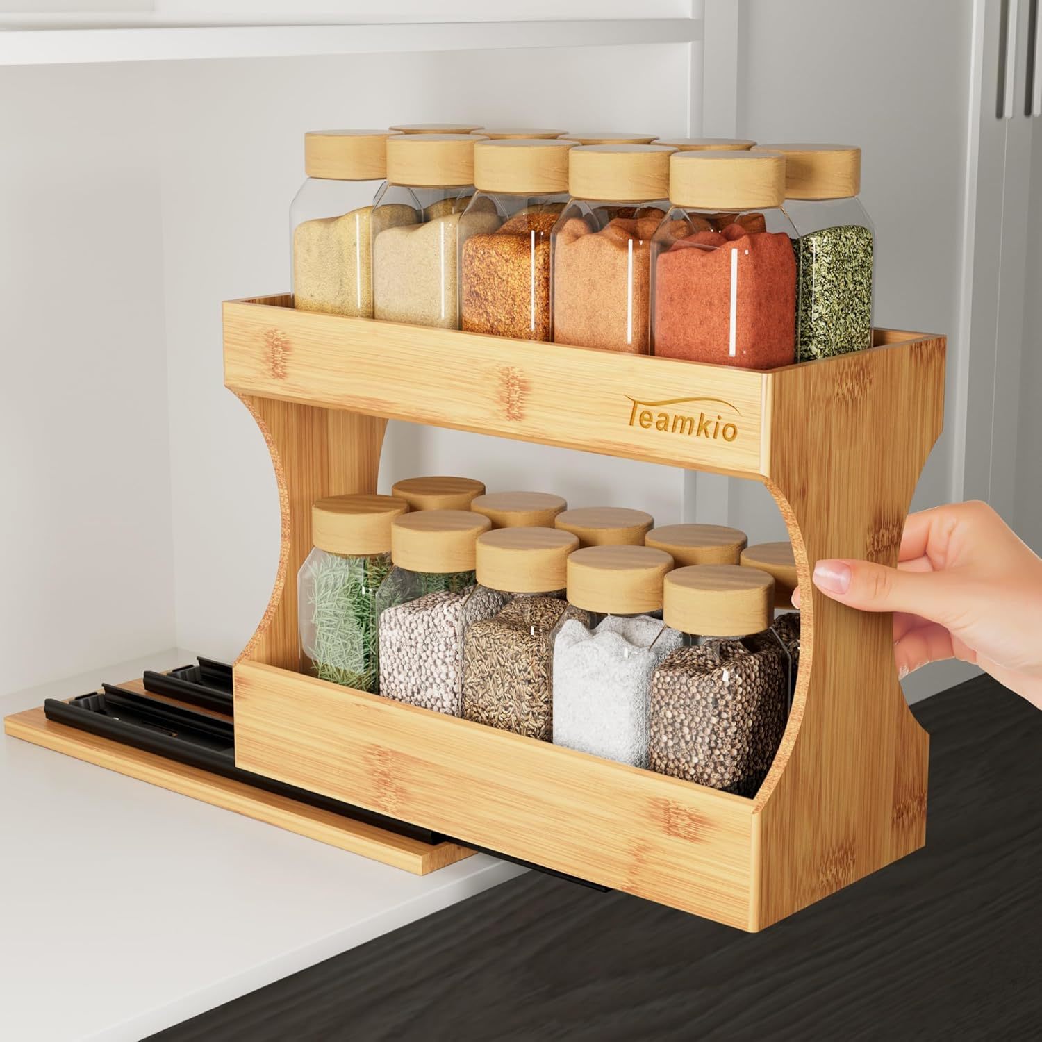 Bamboo Spice Rack Organizer For Cabinet, 2-Tier Pull Out Spice Rack, Tool-Free I