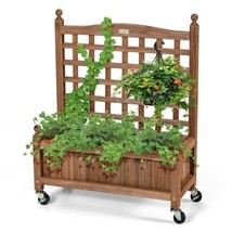 Solid Fir Wood Outdoor Raised Garden Bed Planter Box Cart on Wheels with... - $146.49