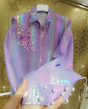 Flash Rhinestone Bead Flower Sequin Purple Button Up Shirt Harajuku 2022 Fairy S - £97.23 GBP