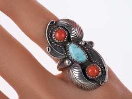 sz5.5 Vintage Reeves Navajo Sterling coral and turquoise ring - £143.34 GBP