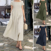 Women&#39;s Pleated Long Dress Square Neck with Pocket, Short Sleeve Linen D... - £36.25 GBP
