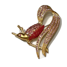 Vtg Givenchy Pink Rhinestone Enamel Matte Gold Bird on Branch Pin Brooch - £105.91 GBP