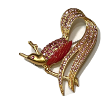 Vtg Givenchy Pink Rhinestone Enamel Matte Gold Bird on Branch Pin Brooch - £106.83 GBP