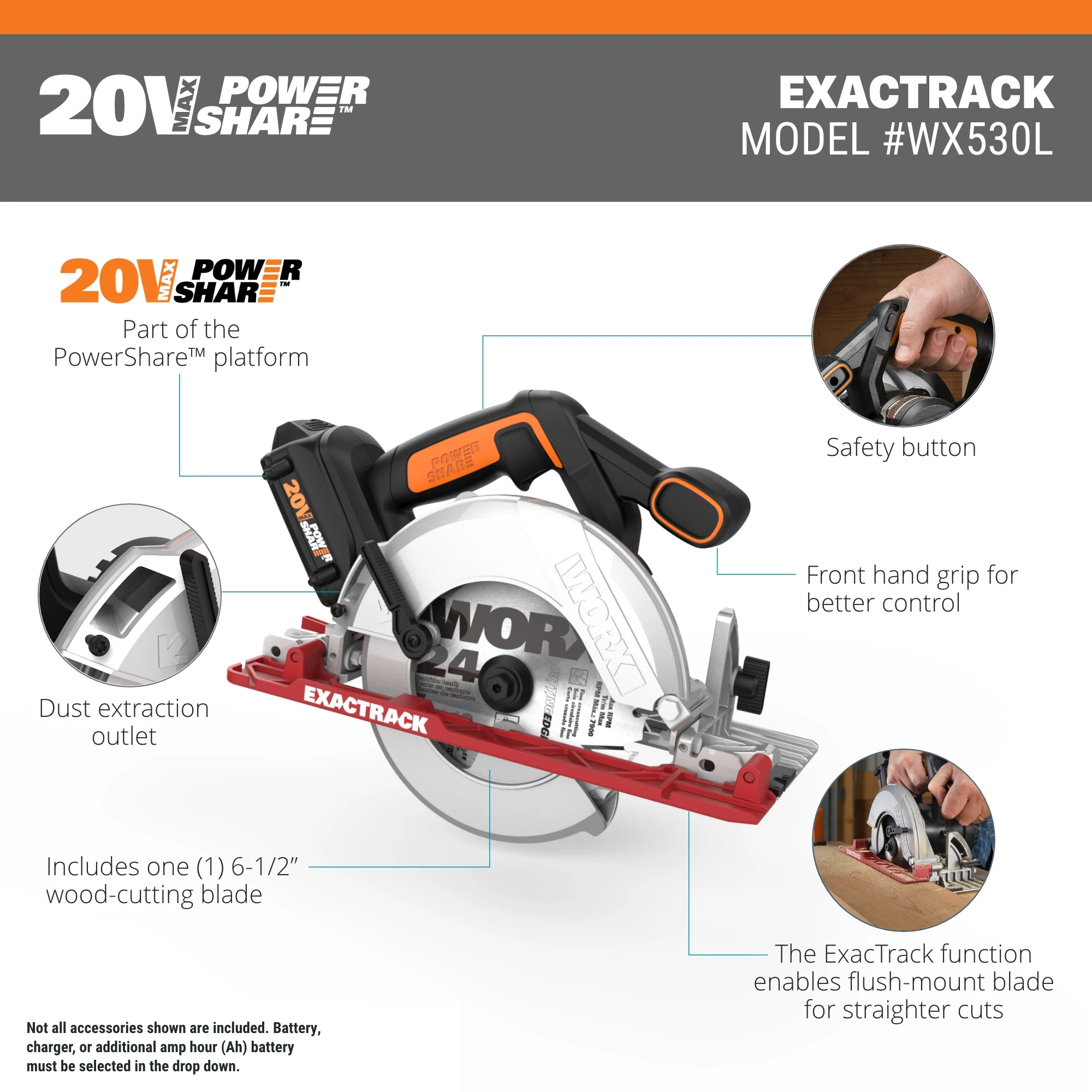 Worx WX530L 20V Power Share ExacTrack 6.5&quot; Cordless Circular Saw  Chain Saw  eiz - £214.29 GBP