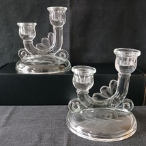 Pair Vintage Double Candle Holders Candlesticks Jeannette Glass Leaf Etching - £27.52 GBP
