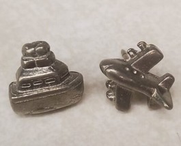 Silvertone Airplane &amp; Boat Lapel Hat Pin Tie Tack Lot of 2 Travel Pins - £19.62 GBP