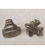 Silvertone Airplane &amp; Boat Lapel Hat Pin Tie Tack Lot of 2 Travel Pins - £19.31 GBP