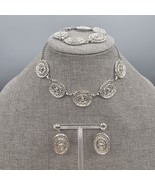 Filigree Jewelry Set Necklace Bracelet Earrings Silver Tone Screwback Ov... - $650.67 MXN