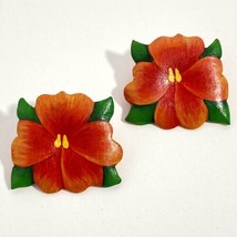 Tropical Hibiscus Hand Painted Wood Lightweight Pierced Earrings 1.4” - £10.35 GBP