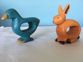 2 Vtg Handmade Wood  Bunny Rabbit and Duck Painted Easter Napkin Rings - $9.90