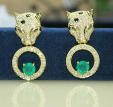 3 Ct Round Emerald &amp; Simulated Diamond Panther Earrings 925 Silver Gold Plated - £77.62 GBP